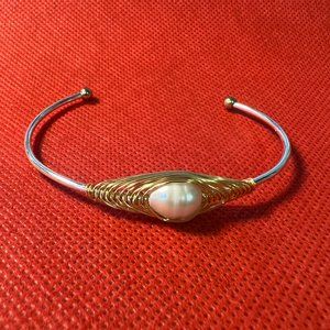 Baroque Pearl Gold and Silver Tone Wire Woven Adjustable Cuff Bracelet